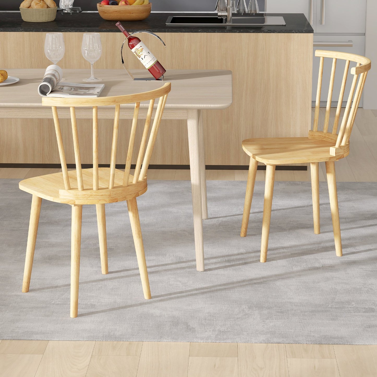 Windsor Dining Chairs Set of 2 Rubber Wood Kitchen Chairs with Spindle Back, Natural