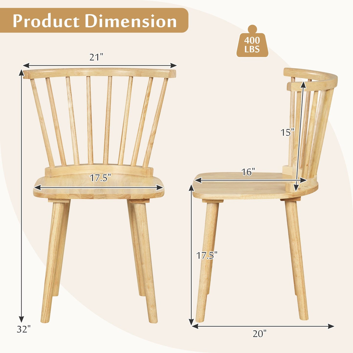 Windsor Dining Chairs Set of 2 Rubber Wood Kitchen Chairs with Spindle Back, Natural
