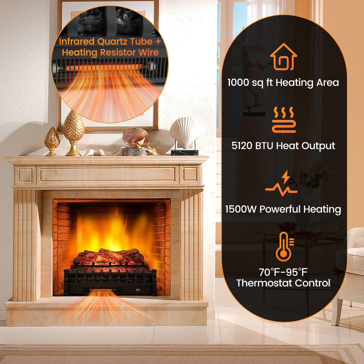 26 Inches Infrared Quartz Electric Fireplace, Black Fireplaces at Gallery Canada