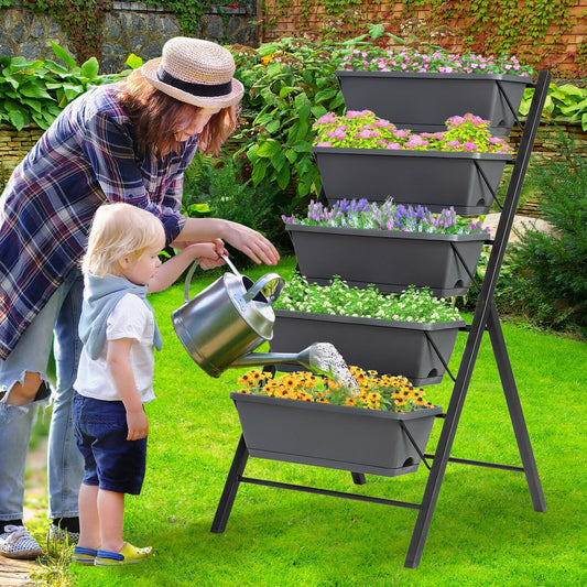 5-Tier Raised Garden Bed, Water Drainage, Flowers Vegetables, Black