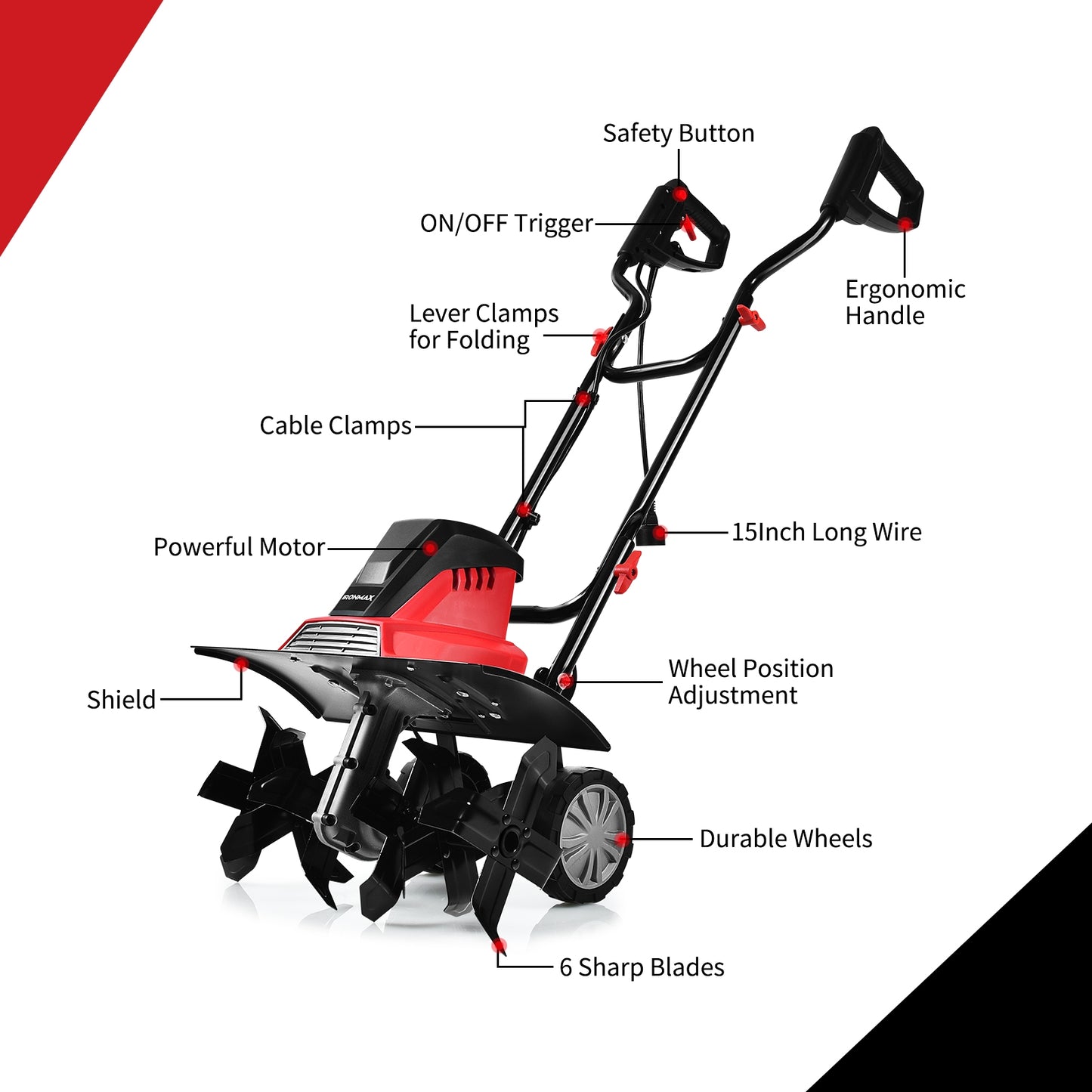 17-Inch 13.5 Amp Corded Electric Tiller, 9-Inch Tilling Depth, Red, Black Garden Tools at Gallery Canada