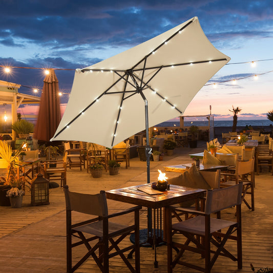 9' Solar LED Patio Umbrella, Tilt Crank Lift, Beige Outdoor Umbrellas Beige at Gallery Canada