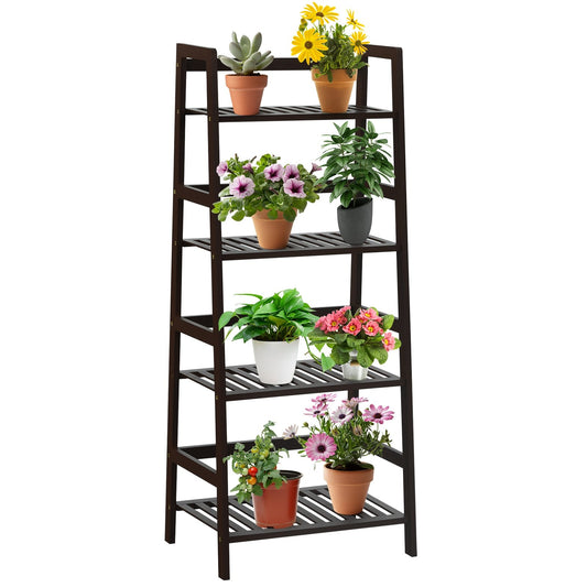 4-Tier Bamboo Plant Rack with Guardrails Stable and Space-Saving, Brown