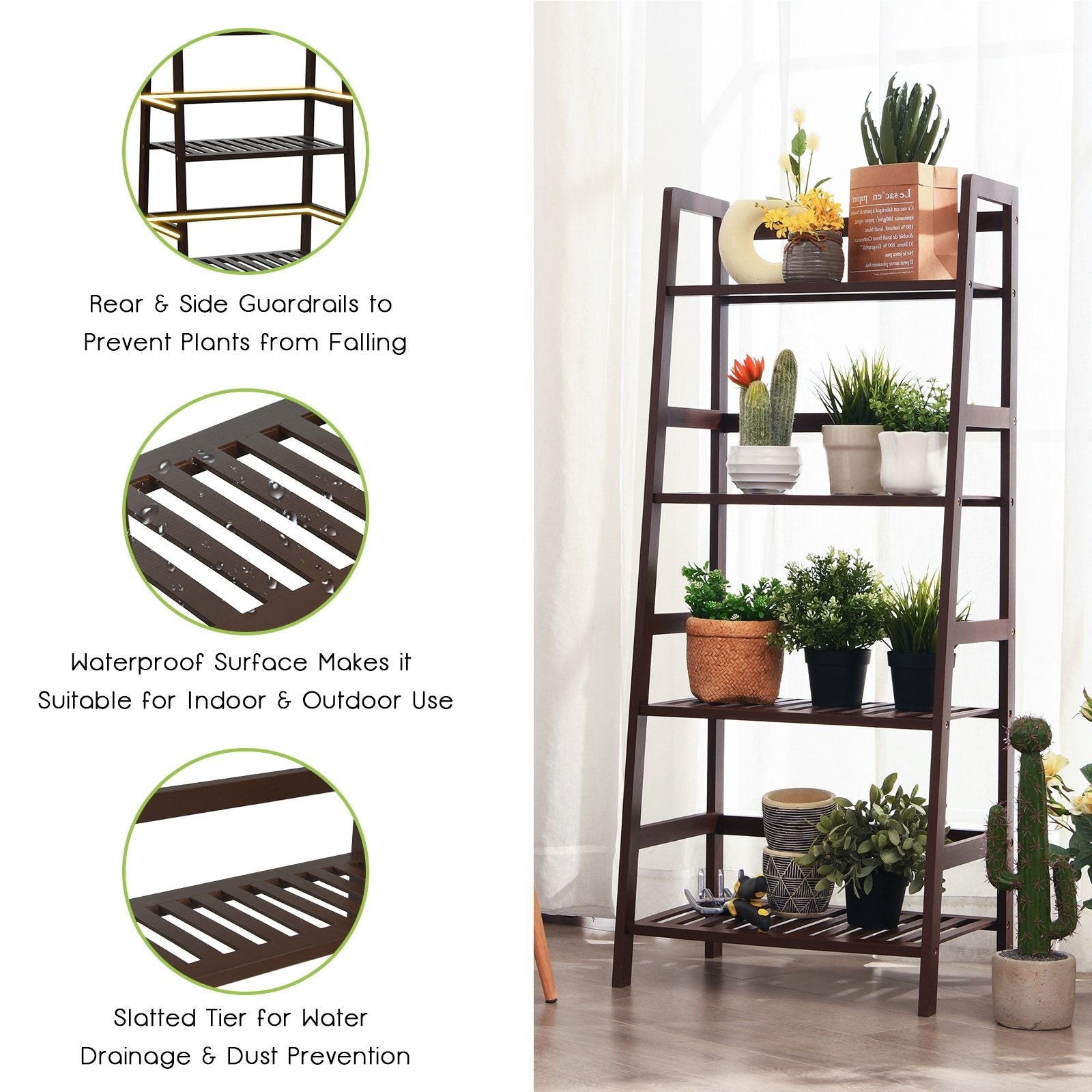 4-Tier Bamboo Plant Rack with Guardrails Stable and Space-Saving, Brown at Gallery Canada