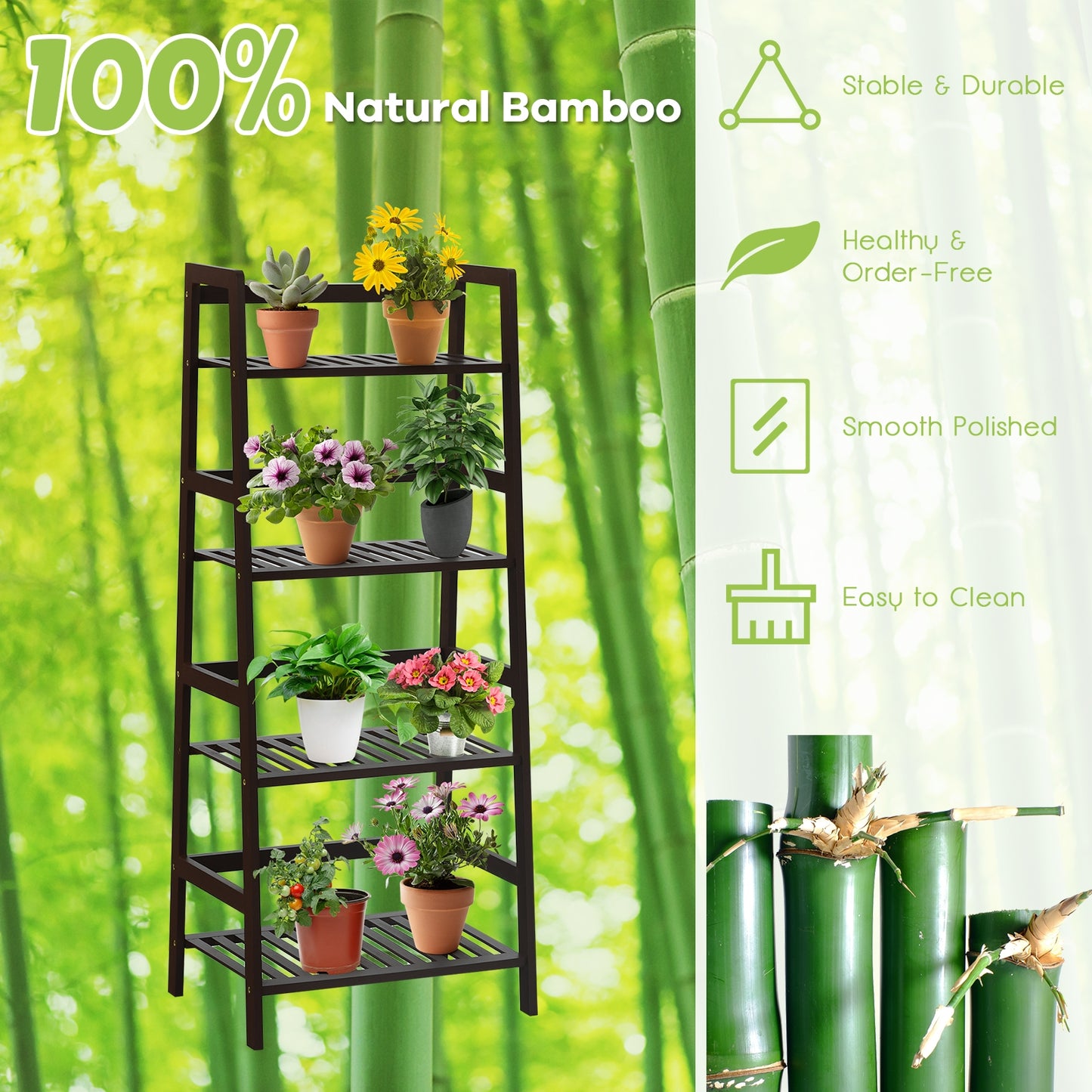 4-Tier Bamboo Plant Rack with Guardrails Stable and Space-Saving, Brown Bookcases at Gallery Canada