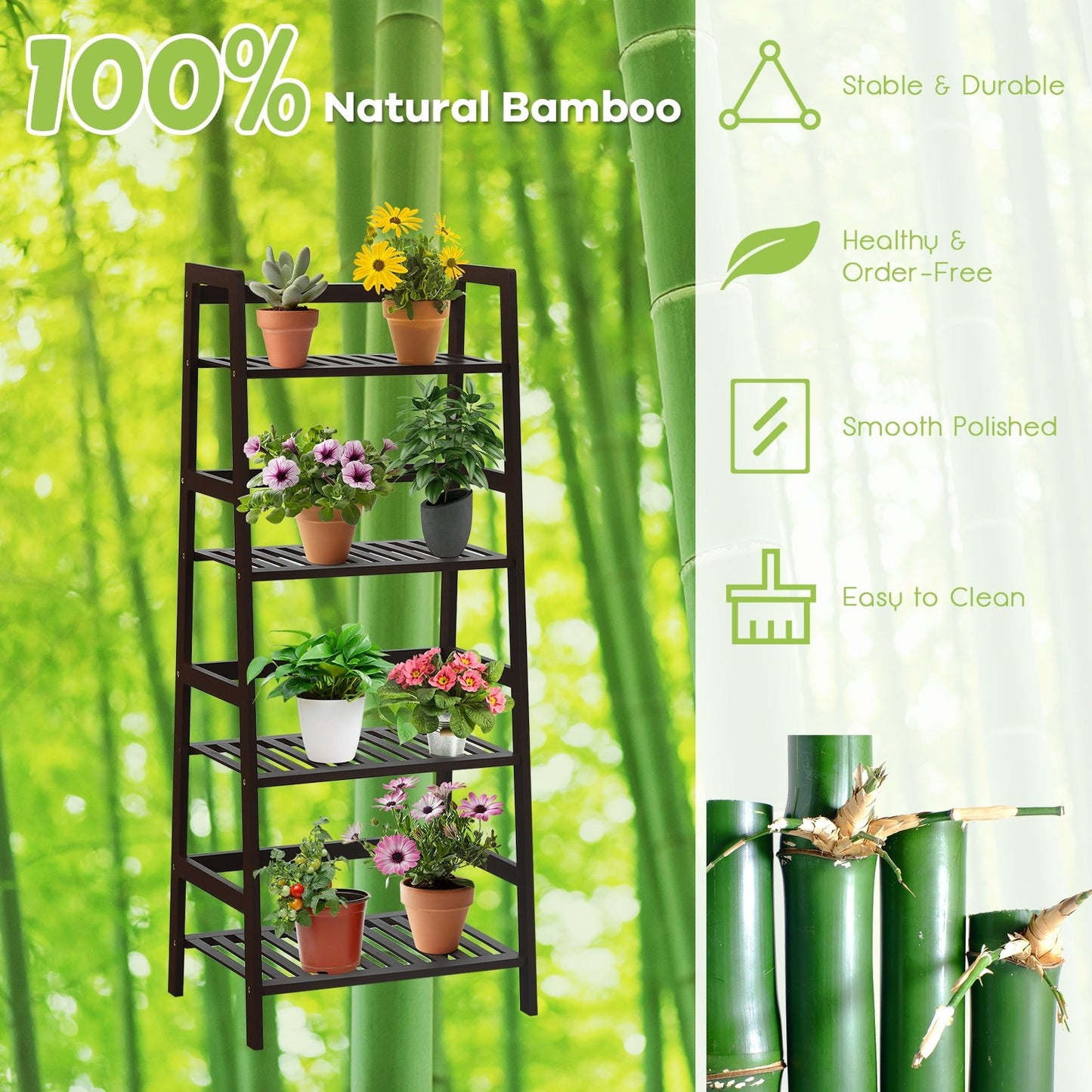 4-Tier Bamboo Plant Rack with Guardrails Stable and Space-Saving, Brown at Gallery Canada