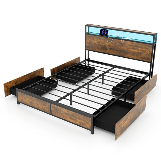 Full/Queen Size Bed Frame with Smart LED Lights and Storage Drawers-Queen Size, Rustic Brown