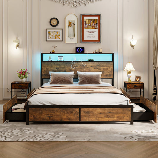 Queen Size Bed Frame With LED Lights, Storage Drawers, Rustic Brown Simple Bed Frame Rustic Brown at Gallery Canada
