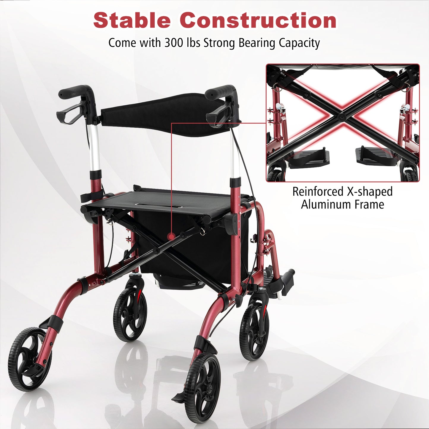 Adjustable Folding Rollator Walker With Storage, Red