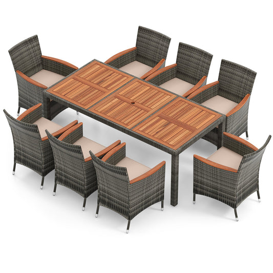 9 Pieces Rattan Patio Dining Set with Acacia Wood Table and Cushioned Chair, Gray