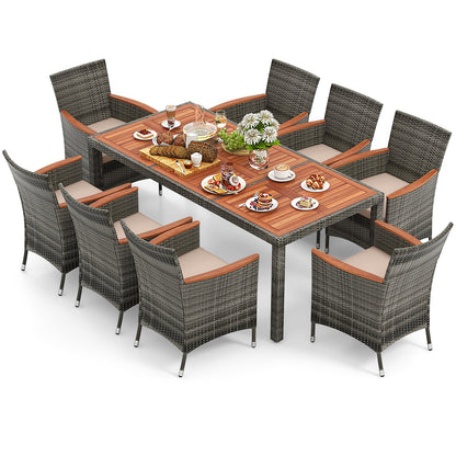 9 Pieces Rattan Patio Dining Set with Acacia Wood Table and Cushioned Chair, Gray at Gallery Canada