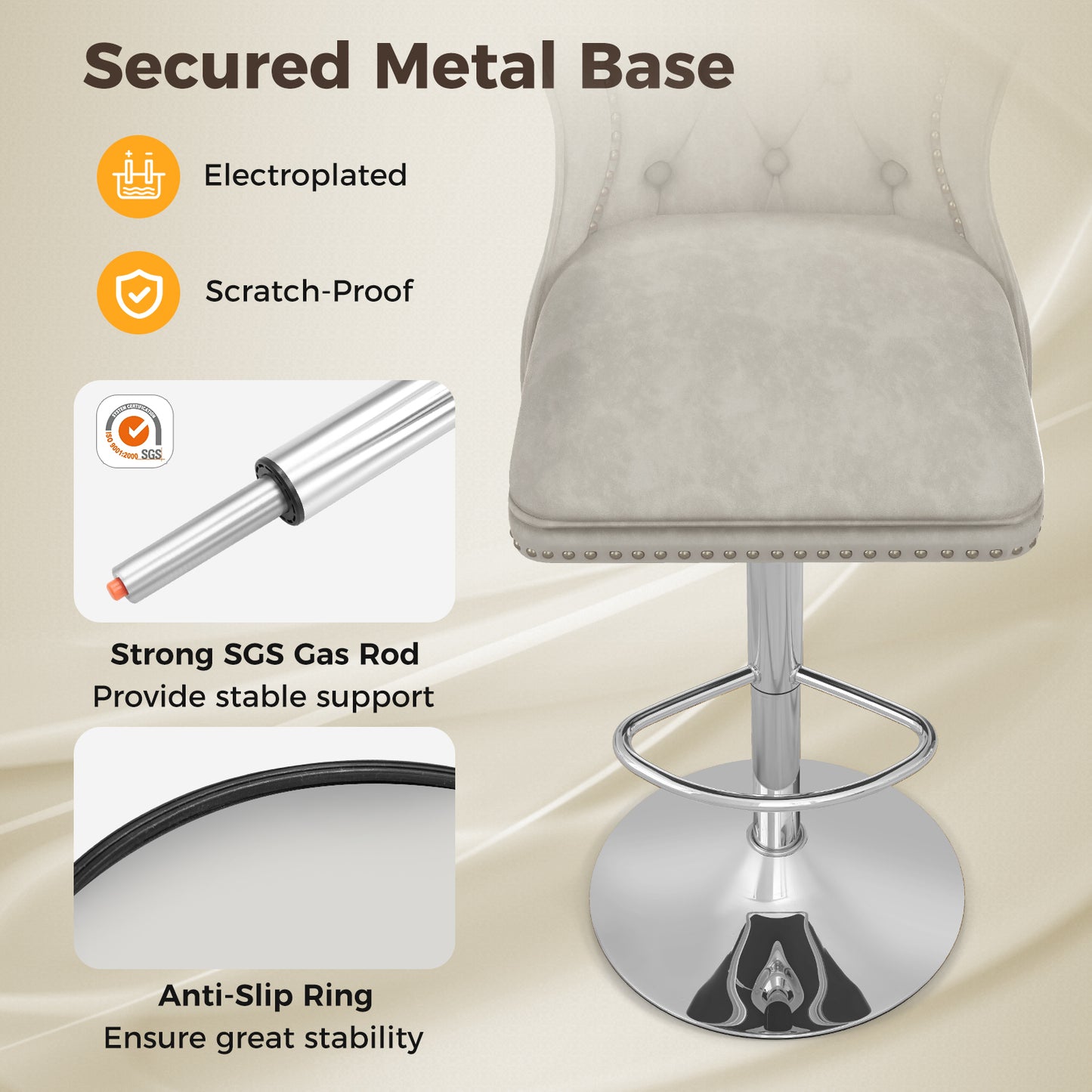 Set Of 2 Bar Chairs With Footrest, Electroplated Metal Base, Gray Bar Stools at Gallery Canada