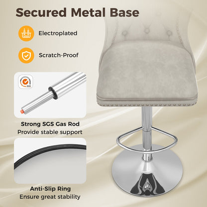 Set of 2 Bar Chairs with Footrest  Electroplated Metal Base and Anti-Slip Ring, Gray