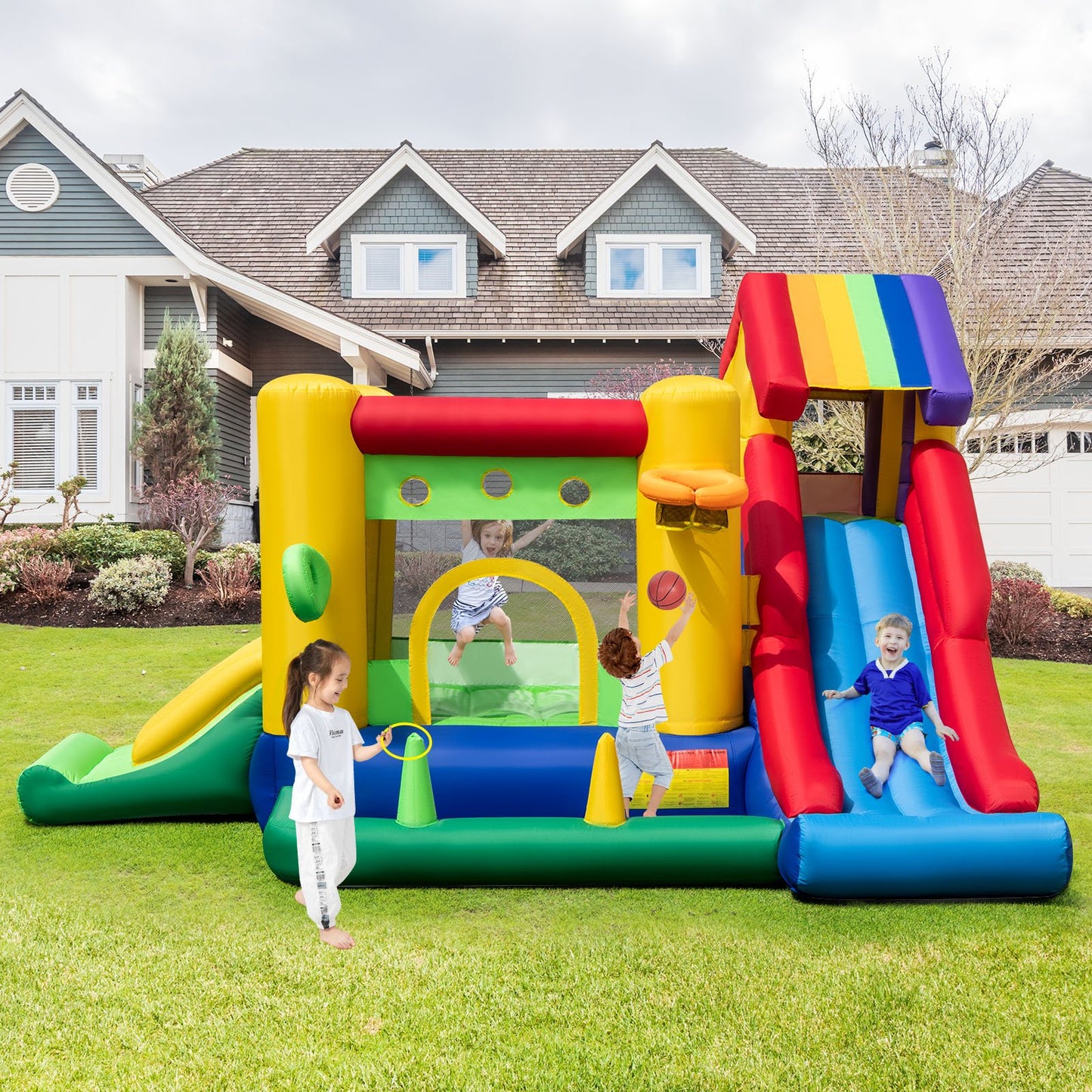 Inflatable Bounce Castle with Double Slides and 735W Blower, Multicolor
