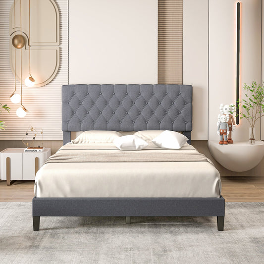 Queen Size Upholstered Platform Bed with Button Tufted Headboard-Queen & Gray Beds & Bed Frames Gray at Gallery Canada