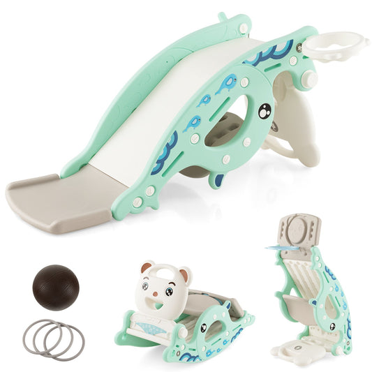 4-in-1 Kids Slide Rocking Horse with Basketball and Ring Toss, Green at Gallery Canada