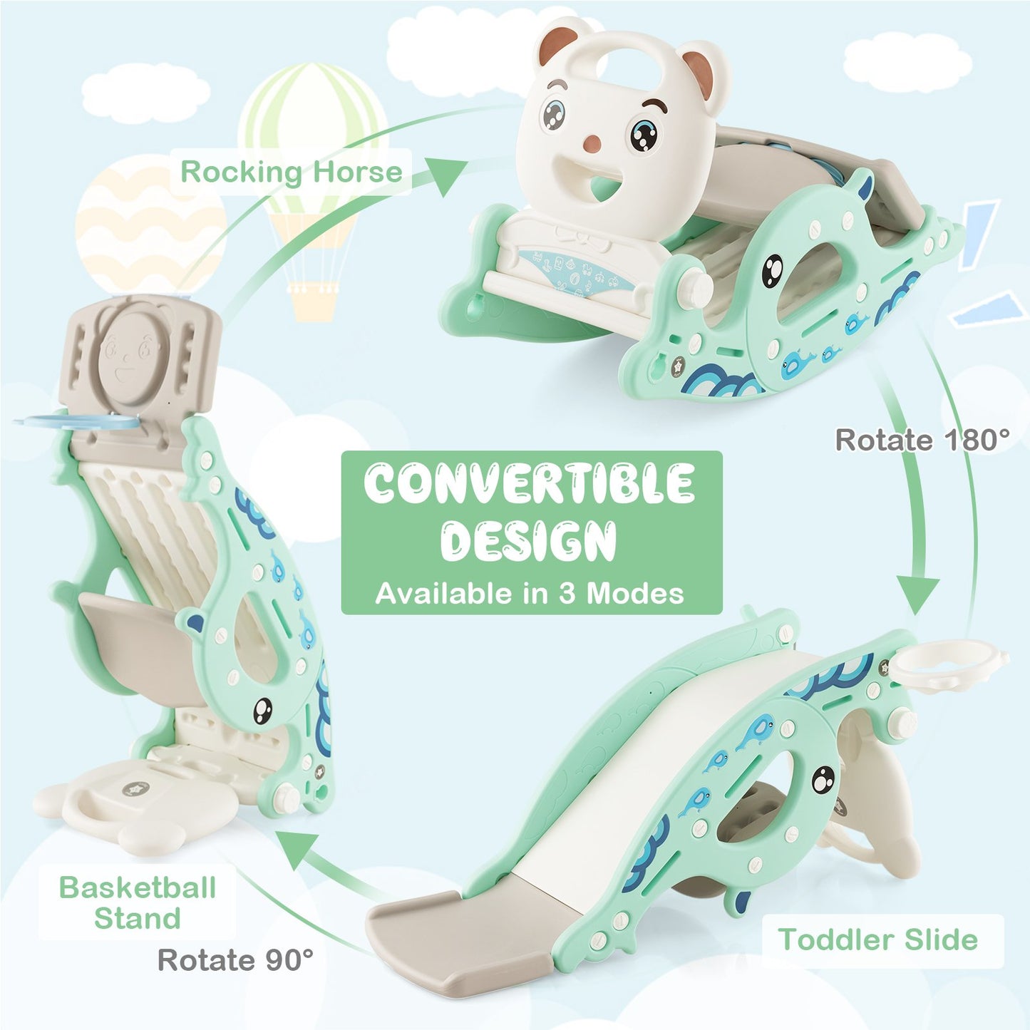4-in-1 Kids Slide Rocking Horse with Basketball and Ring Toss, Green