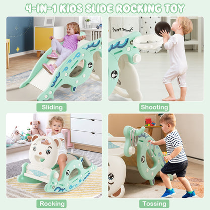 4-in-1 Kids Slide Rocking Horse with Basketball and Ring Toss, Green