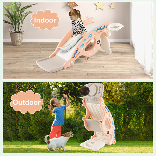 4-in-1 Kids Slide Rocking Horse with Basketball and Ring Toss, Pink Climbers & Slides Pink at Gallery Canada