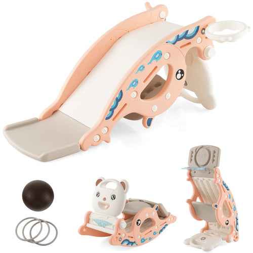 4-in-1 Kids Slide Rocking Horse with Basketball and Ring Toss, Pink