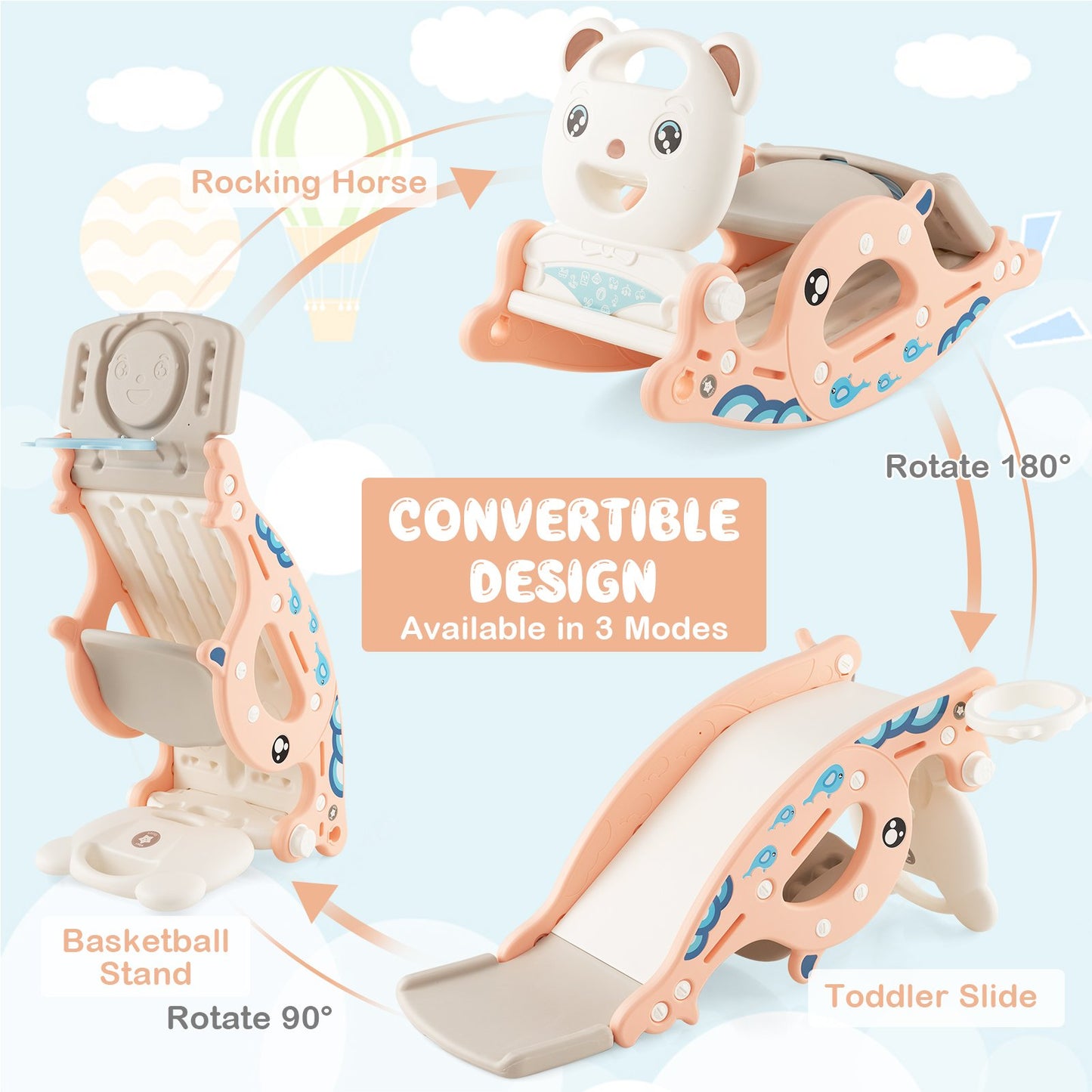 4-in-1 Kids Slide Rocking Horse with Basketball and Ring Toss, Pink