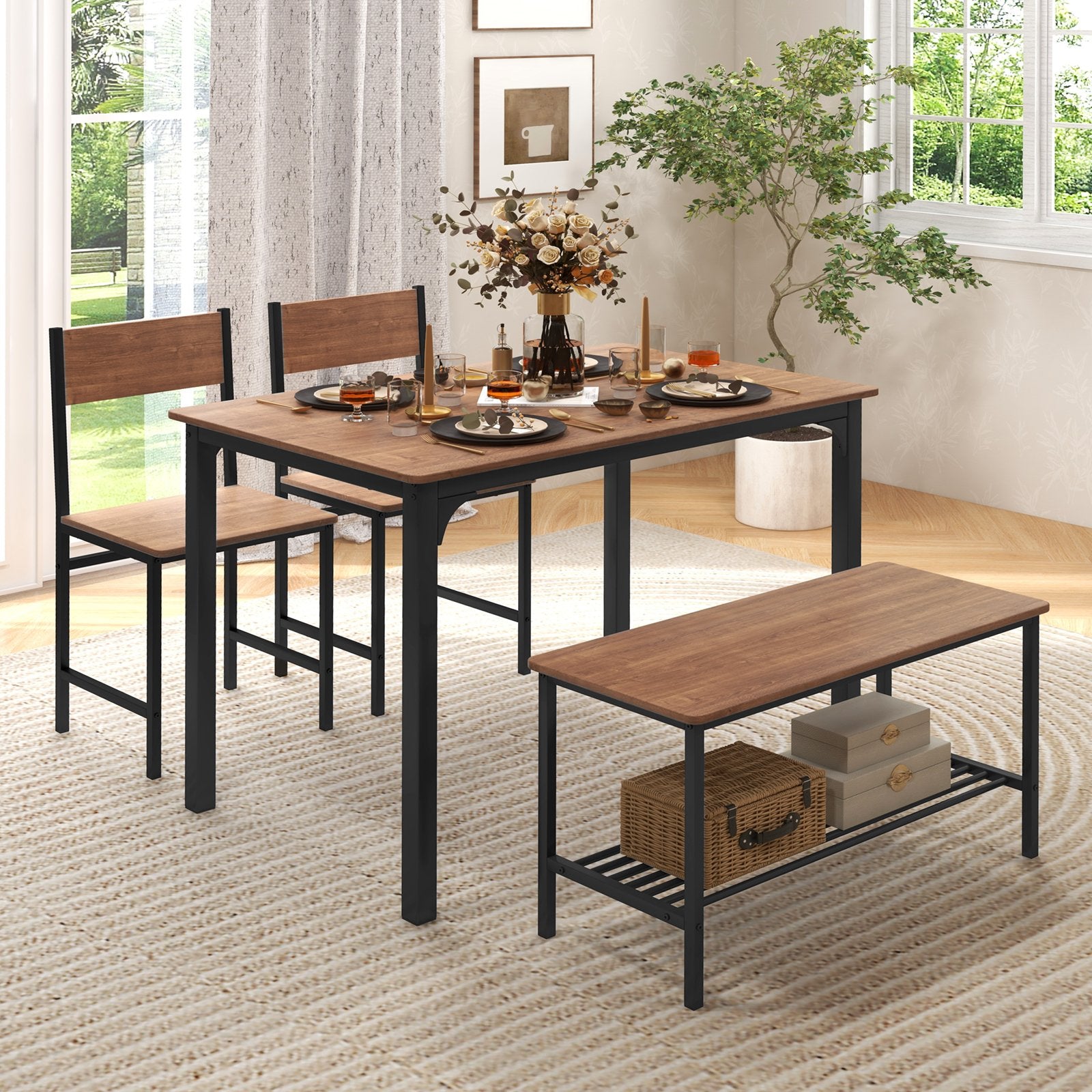 4 Pieces Rustic Dining Table Set with 2 Chairs and Bench, Brown at Gallery Canada