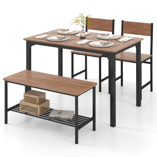 4 Pieces Rustic Dining Table Set with 2 Chairs and Bench, Brown