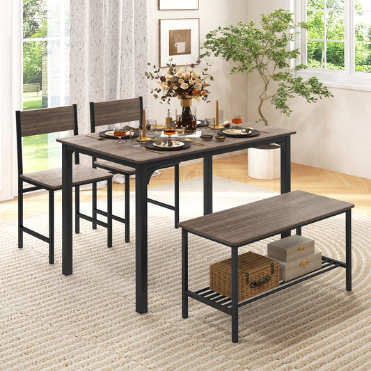 Rustic Dining Table Set, 4 Pieces, 2 Chairs And Bench, Gray