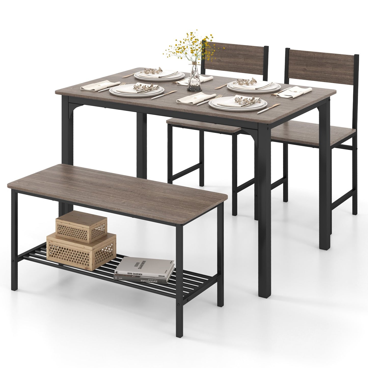 4 Pieces Rustic Dining Table Set with 2 Chairs and Bench, Gray at Gallery Canada
