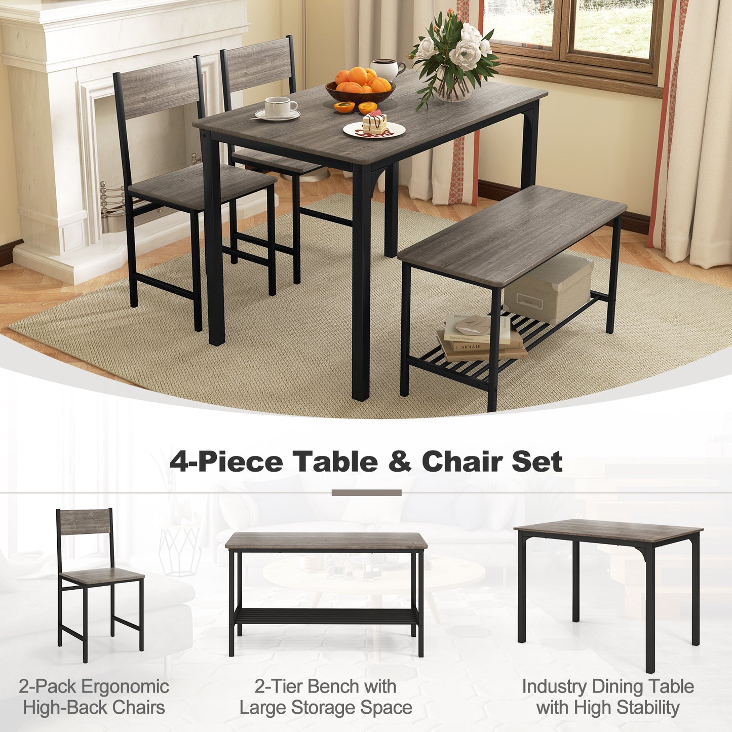 4 Pieces Rustic Dining Table Set with 2 Chairs and Bench, Gray Dining Room Sets at Gallery Canada