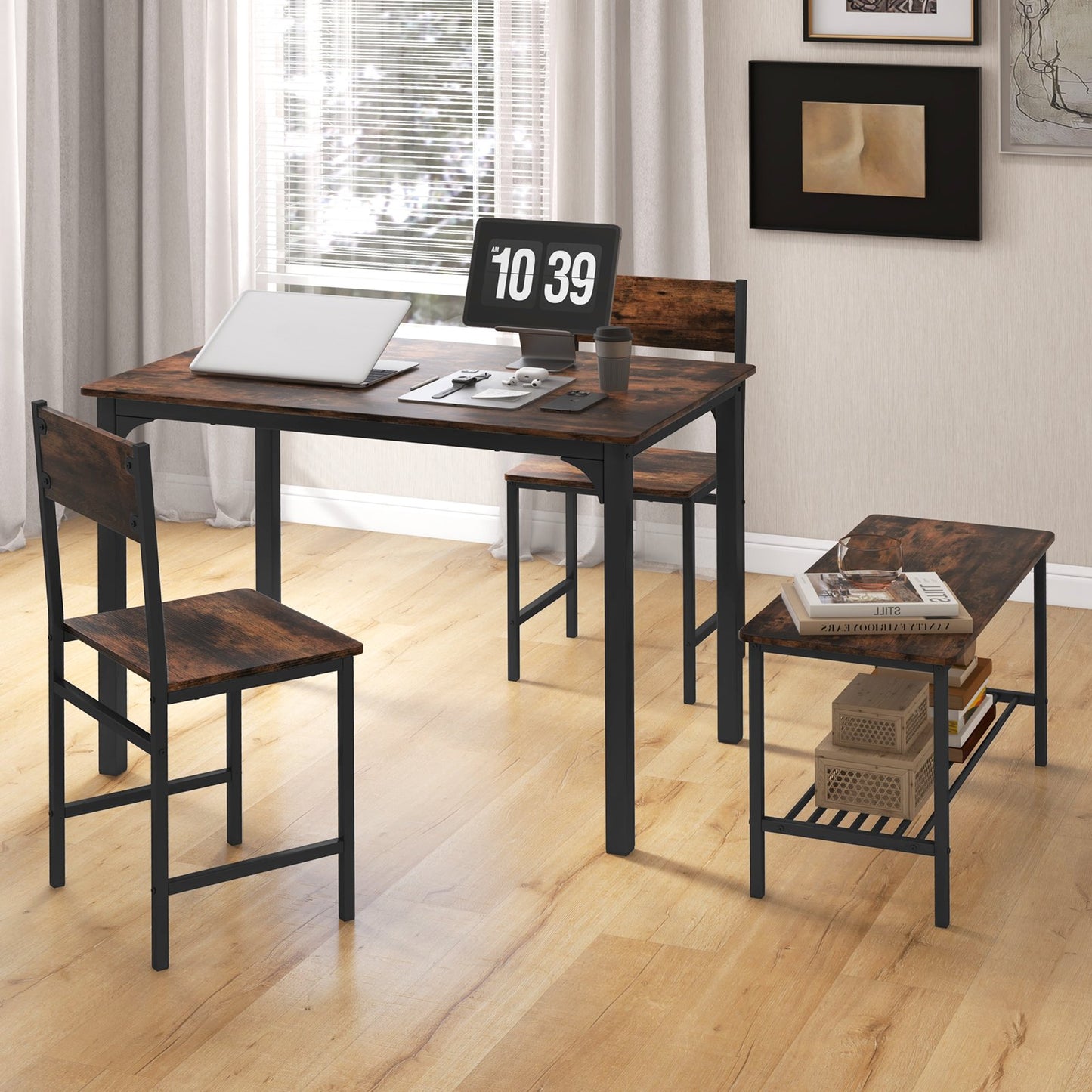 4 Pieces Rustic Dining Table Set with 2 Chairs and Bench, Rustic Brown