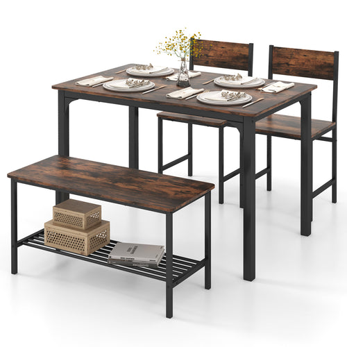 4 Pieces Rustic Dining Table Set with 2 Chairs and Bench, Rustic Brown