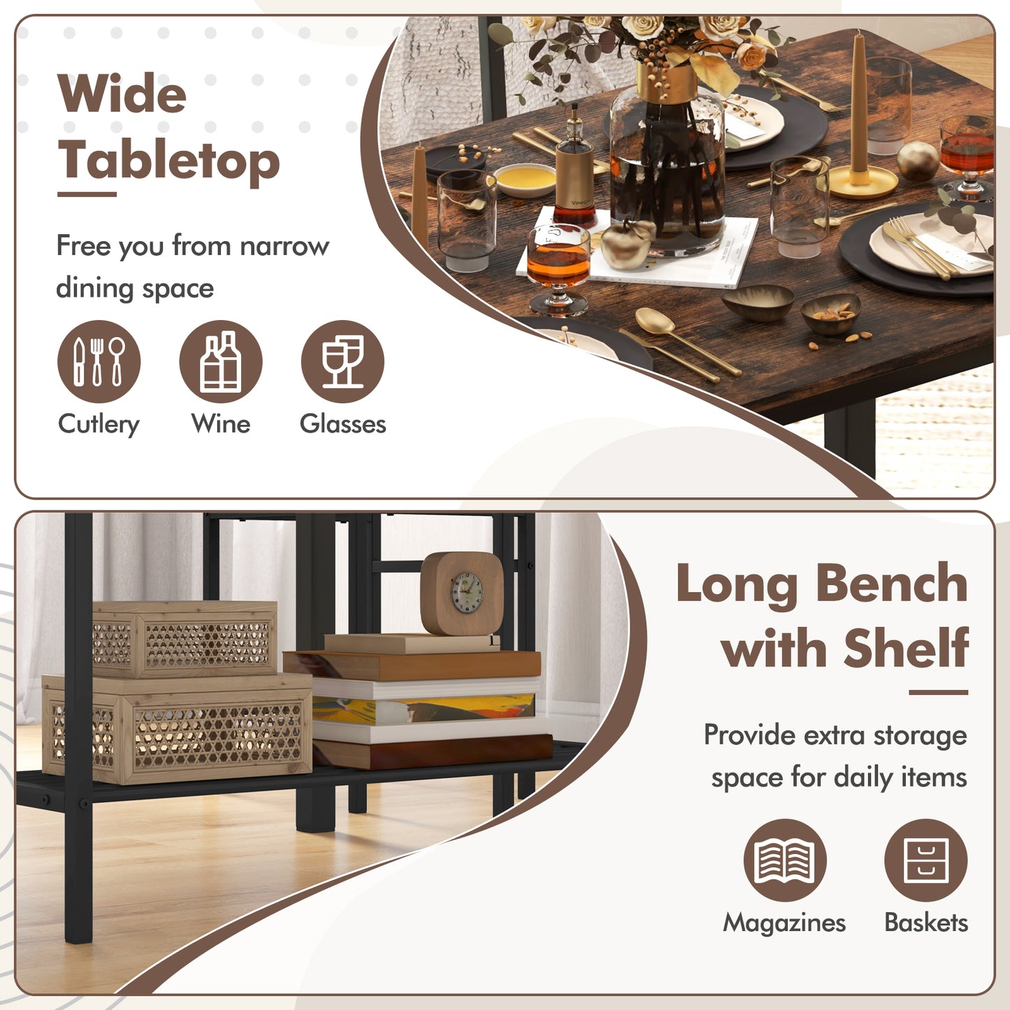 4 Pieces Rustic Dining Table Set with 2 Chairs and Bench, Rustic Brown Dining Room Sets at Gallery Canada