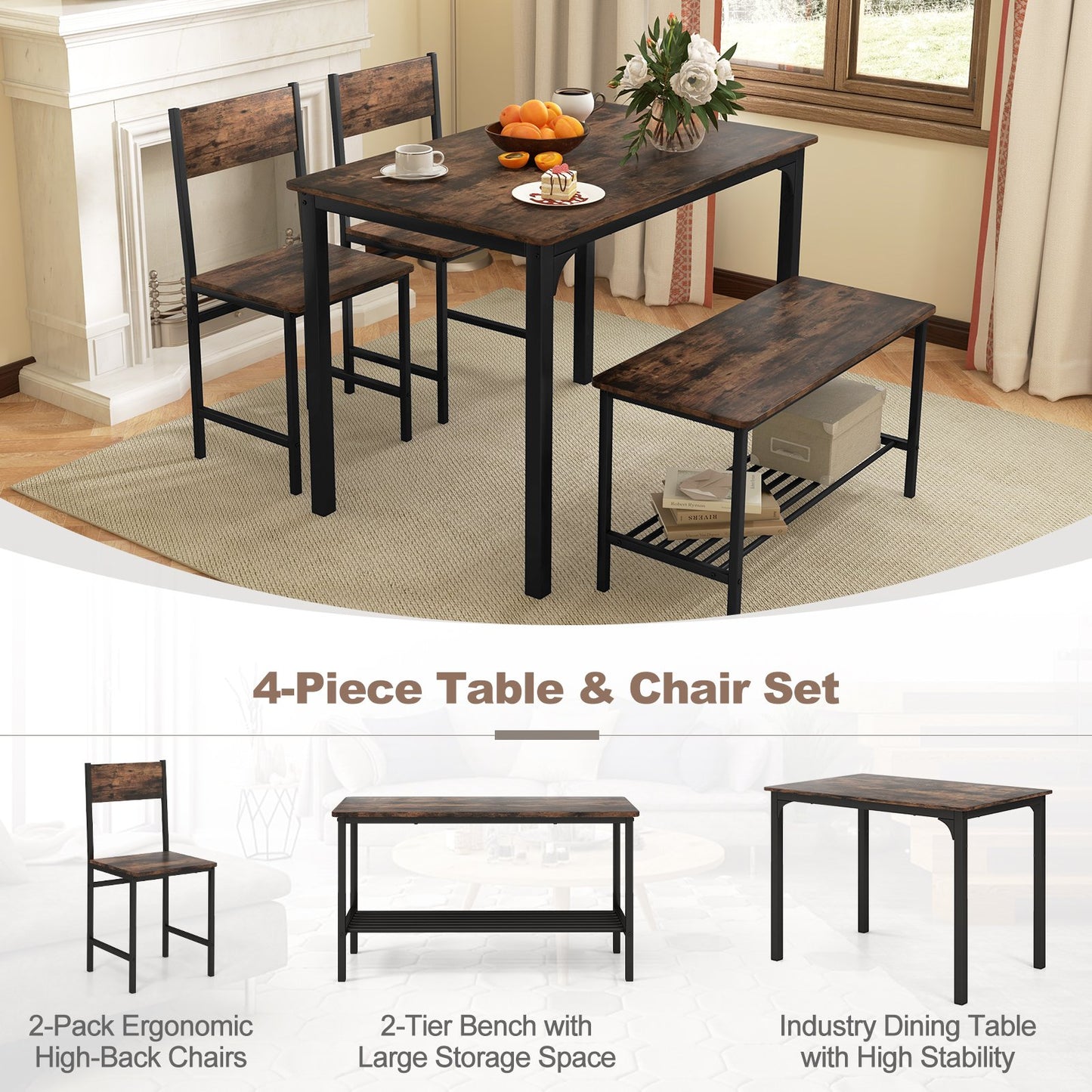 4 Pieces Rustic Dining Table Set with 2 Chairs and Bench, Rustic Brown