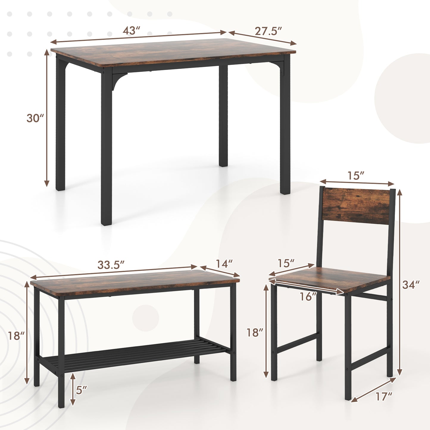 4 Pieces Rustic Dining Table Set with 2 Chairs and Bench, Rustic Brown Dining Room Sets at Gallery Canada