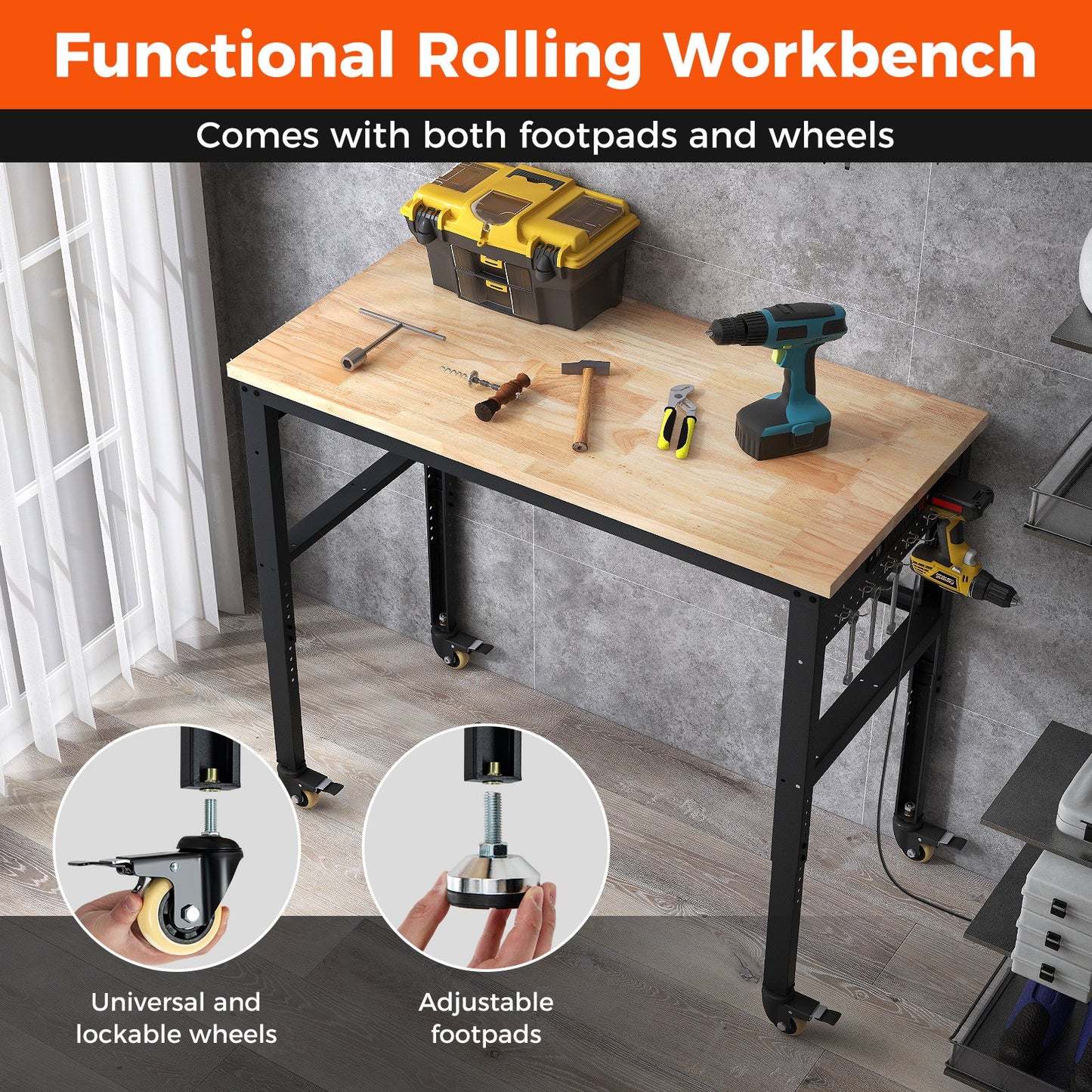 48 Inch Adjustable Work Bench with Power Outlets, Natural at Gallery Canada
