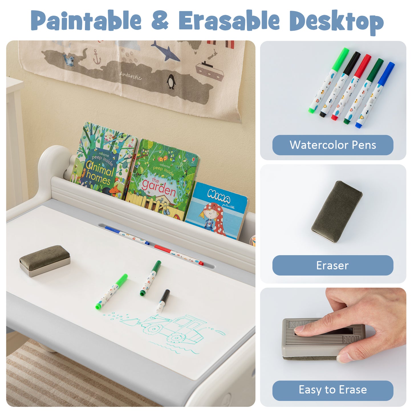 Ensemble Table et Chaise de Dessin pour Enfants, Avec Stylos Aquarelle et Gomme, Gris