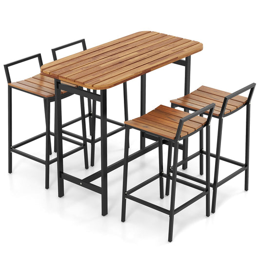 5 Piece Acacia Wood Bar Table Set Bar Height Table and Chairs with Metal Frame and Footrest