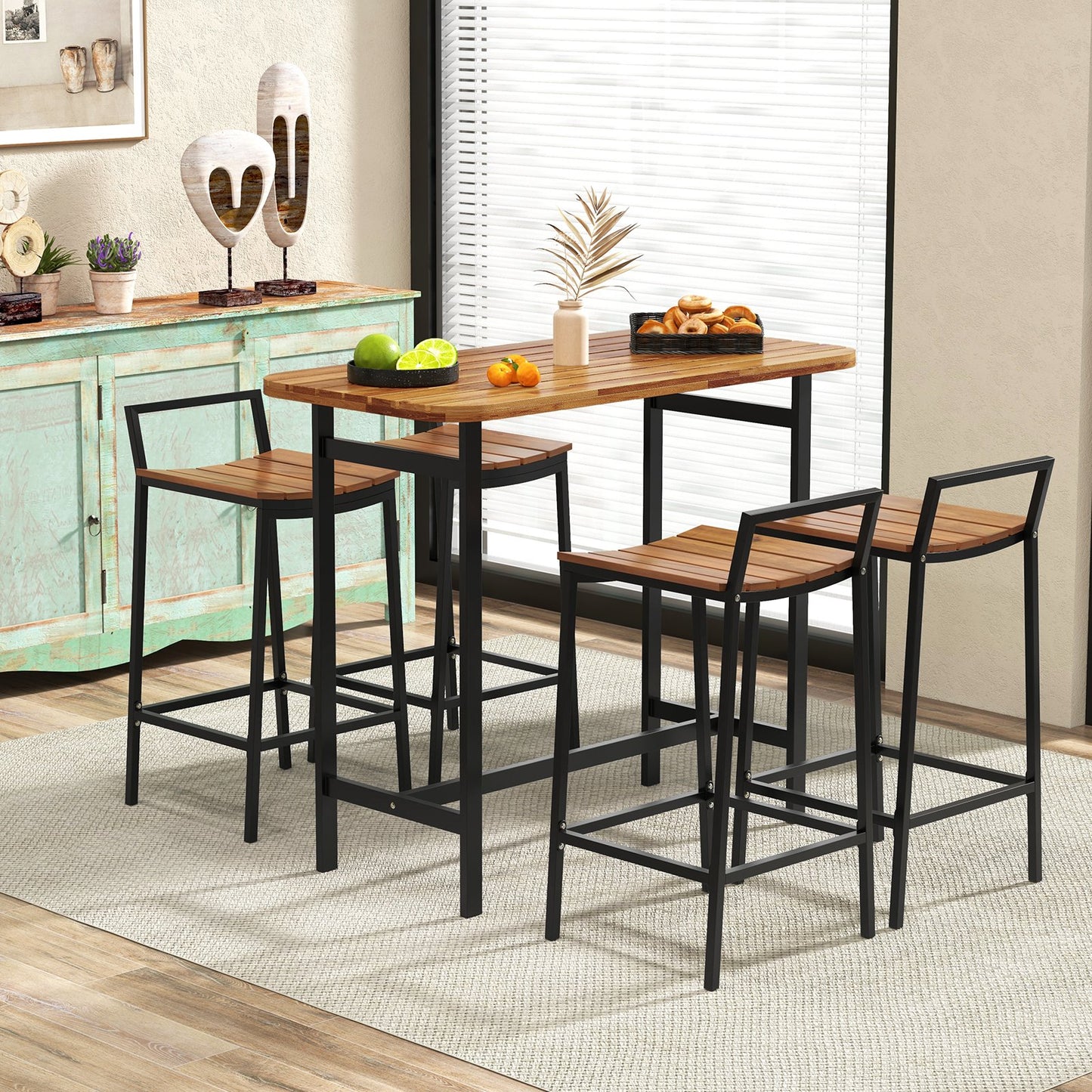 5 Piece Acacia Wood Bar Table Set Bar Height Table and Chairs with Metal Frame and Footrest