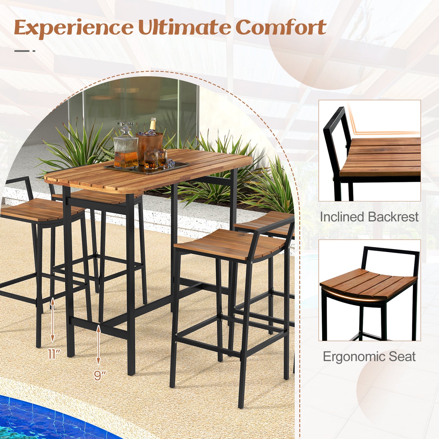 5 Piece Acacia Wood Bar Table Set, Metal Frame, Footrest Patio Bar Furniture at Gallery Canada