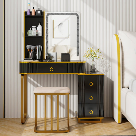 Vanity Table Set With RGB LED Lights, Wireless Charging Station, Black Makeup Vanities Black at Gallery Canada