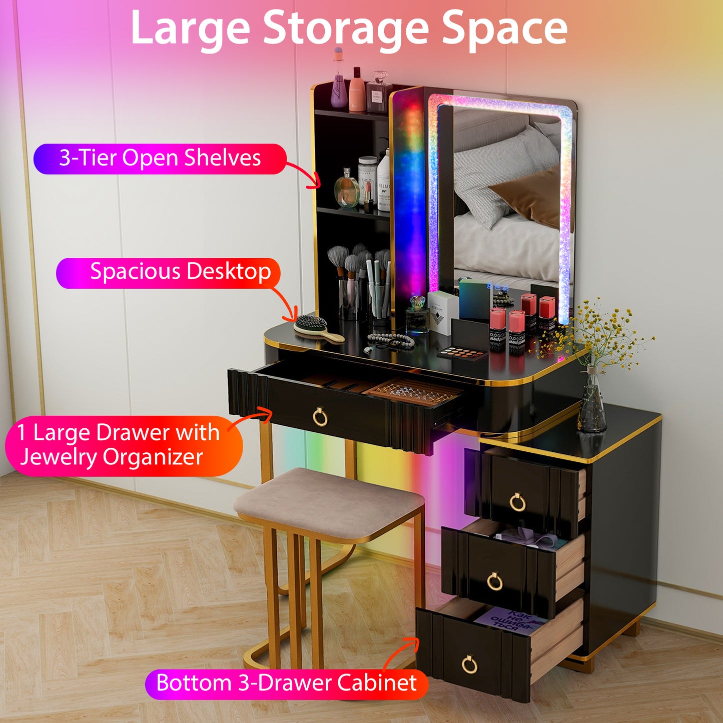 Vanity Table Set With RGB LED Lights, Wireless Charging Station, Black Makeup Vanities at Gallery Canada