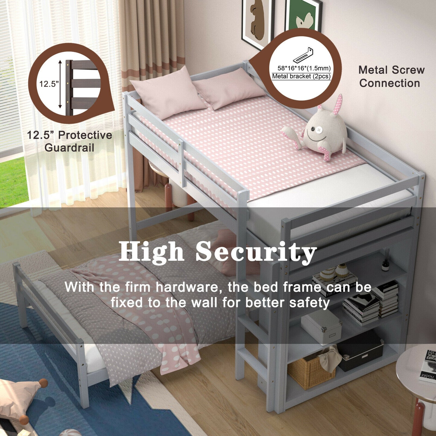 Twin Over Twin Loft Bunk Bed With Bookcase, Gray Bunk Bed Frame at Gallery Canada