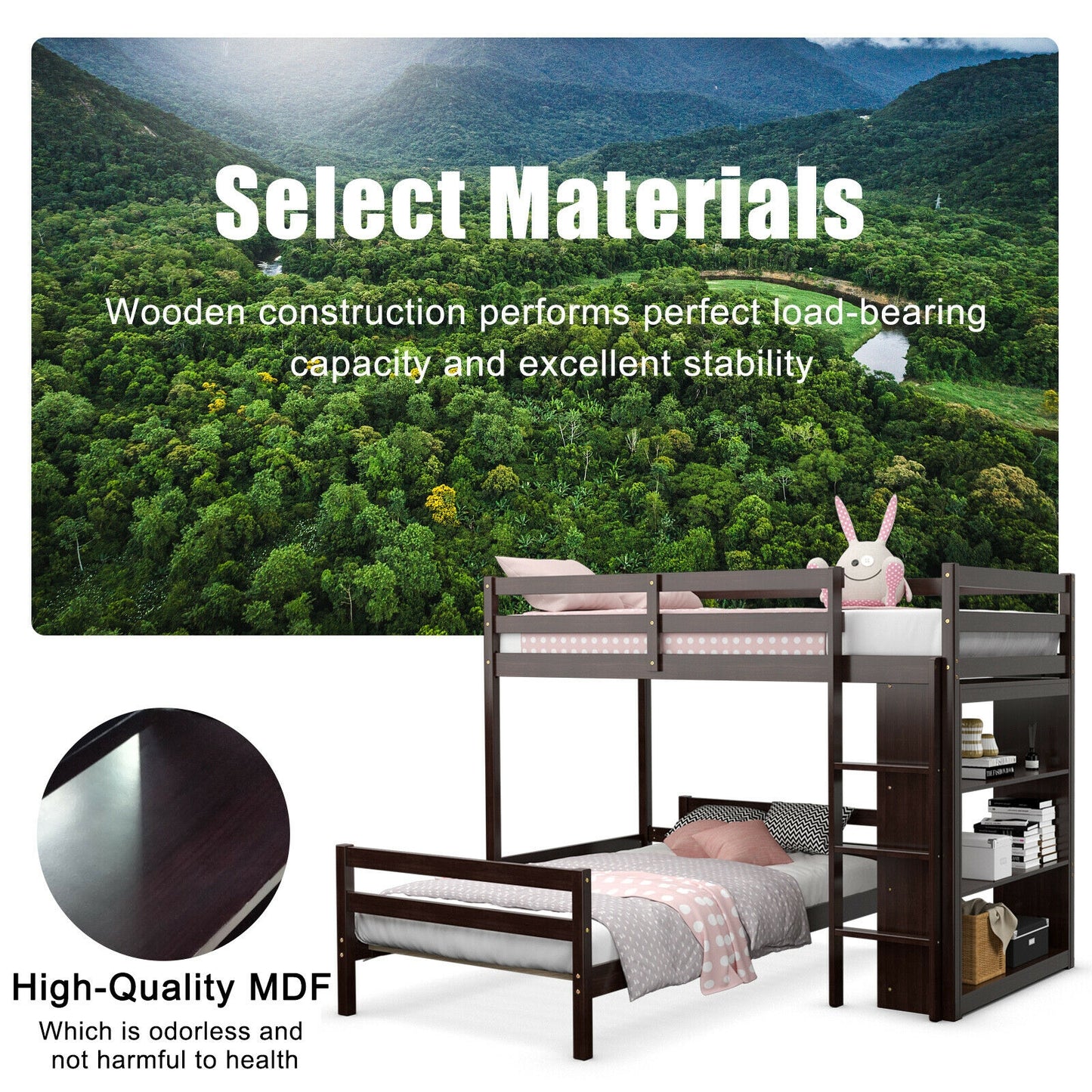 Twin Over Twin Loft Bunk Bed with Bookcase, Dark Brown Bunk Bed Frame at Gallery Canada