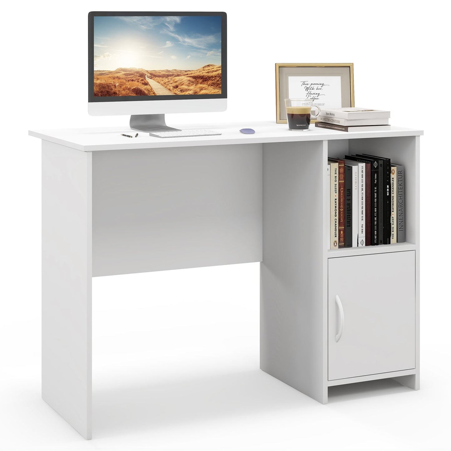 Modern Computer Desk with Cabinet, White
