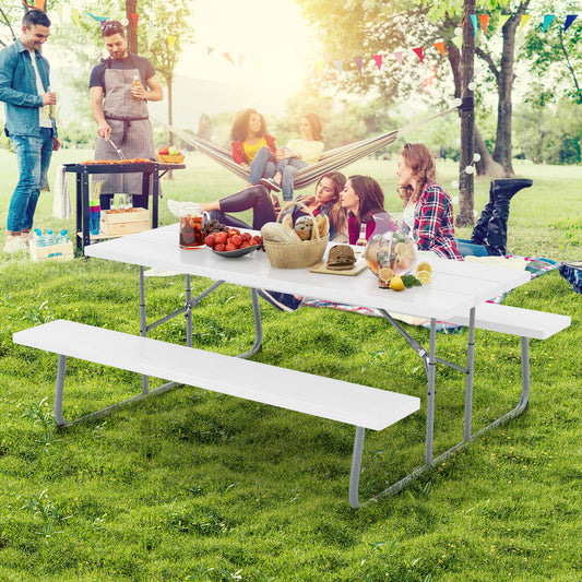 Folding Picnic Table Set with Metal Frame and All-Weather HDPE Tabletop Umbrella Hole, White Outdoor Seating & Patio Chairs White at Gallery Canada