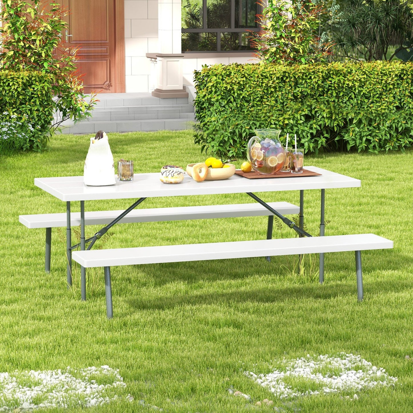 Folding Picnic Table Set with Metal Frame and All-Weather HDPE Tabletop  Umbrella Hole, White