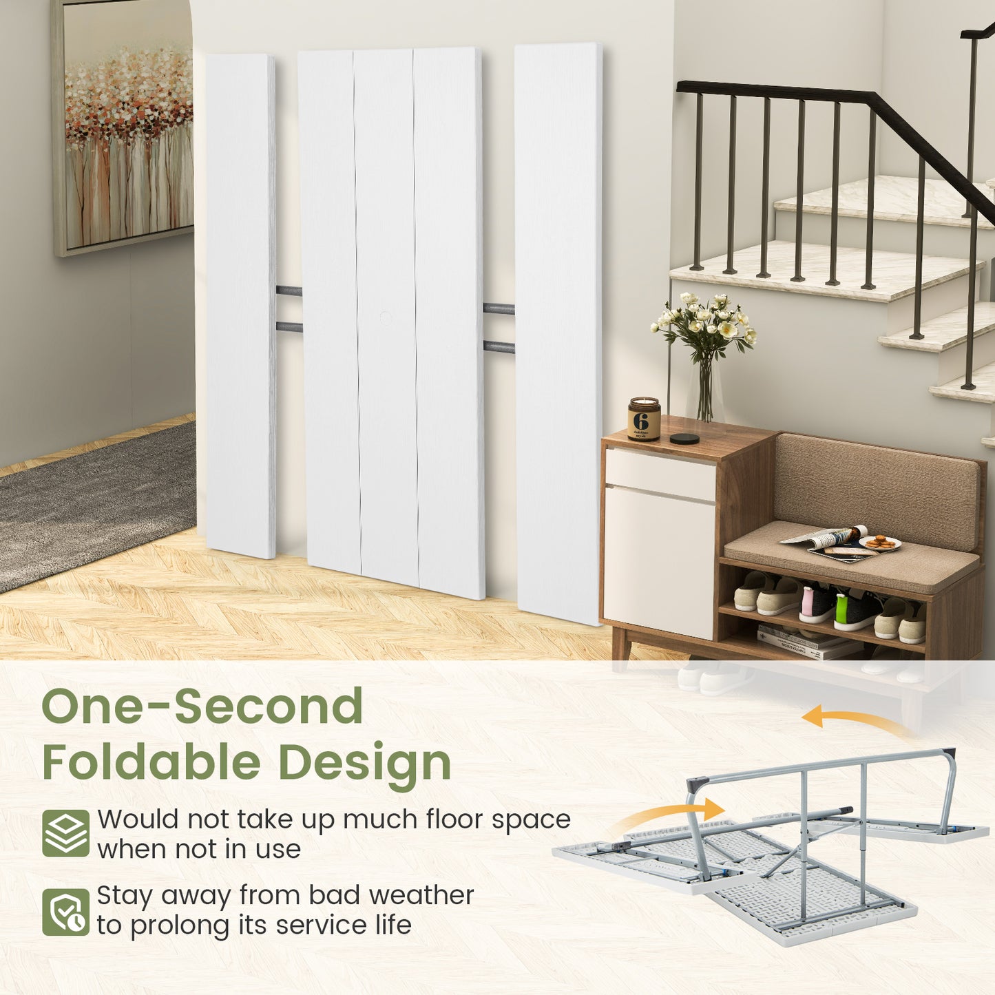 Folding Picnic Table Set with Metal Frame and All-Weather HDPE Tabletop Umbrella Hole, White Outdoor Seating & Patio Chairs at Gallery Canada