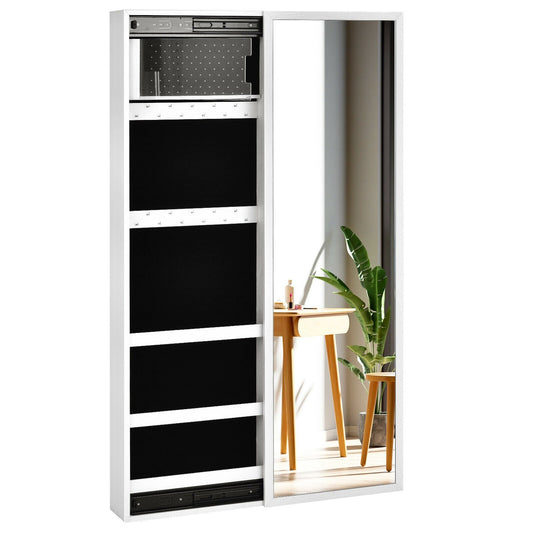 Wall Mounted Jewelry Full-Length Mirror Slide Cabinet Armoire, White