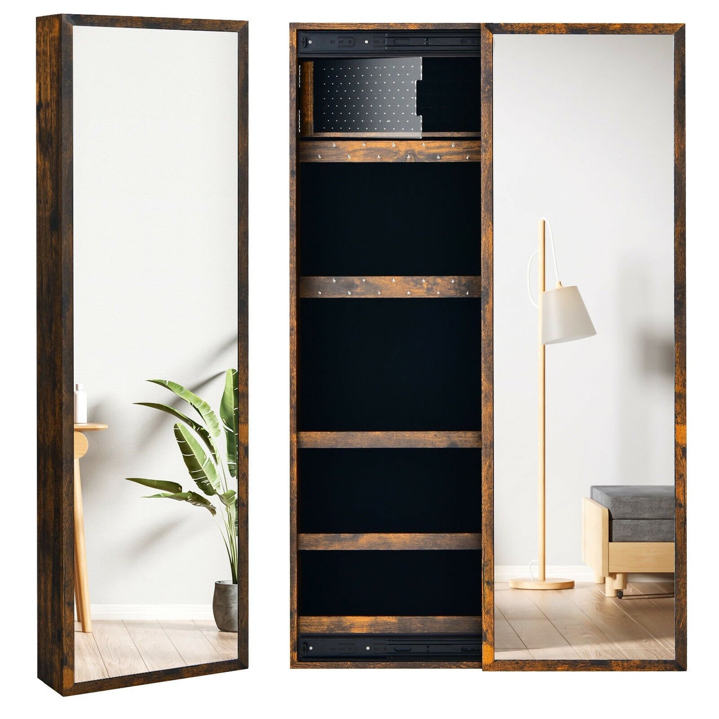 Wall Mounted Jewelry Full-Length Mirror Slide Cabinet Armoire, Rustic Brown at Gallery Canada